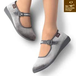 HOT CHOCOLATE DESIGN VELVET GIN (SILVER GREY) -Mary Shoes Shop Chocolaticas Velvet Gray womens Mary Jane Flat Legs 800x